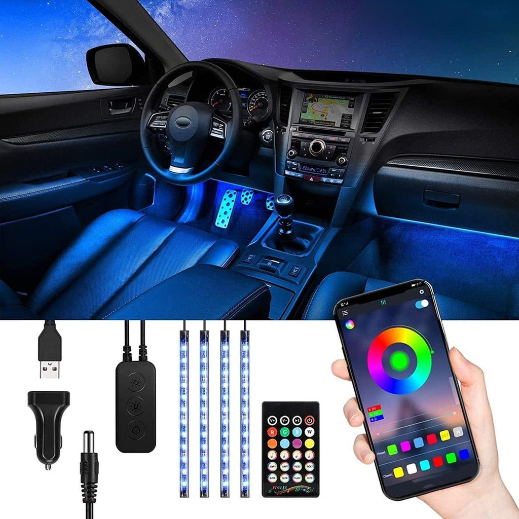 TASMOR Bluetooth-omgivande belysningsbil, RGB-bil Led-interiörbelysning med APP Reglerbar, dimbar vattentät fotbrunnbelysning Autojustering med fjärrkontroll, 12V bil LED-lampor Syn med musik