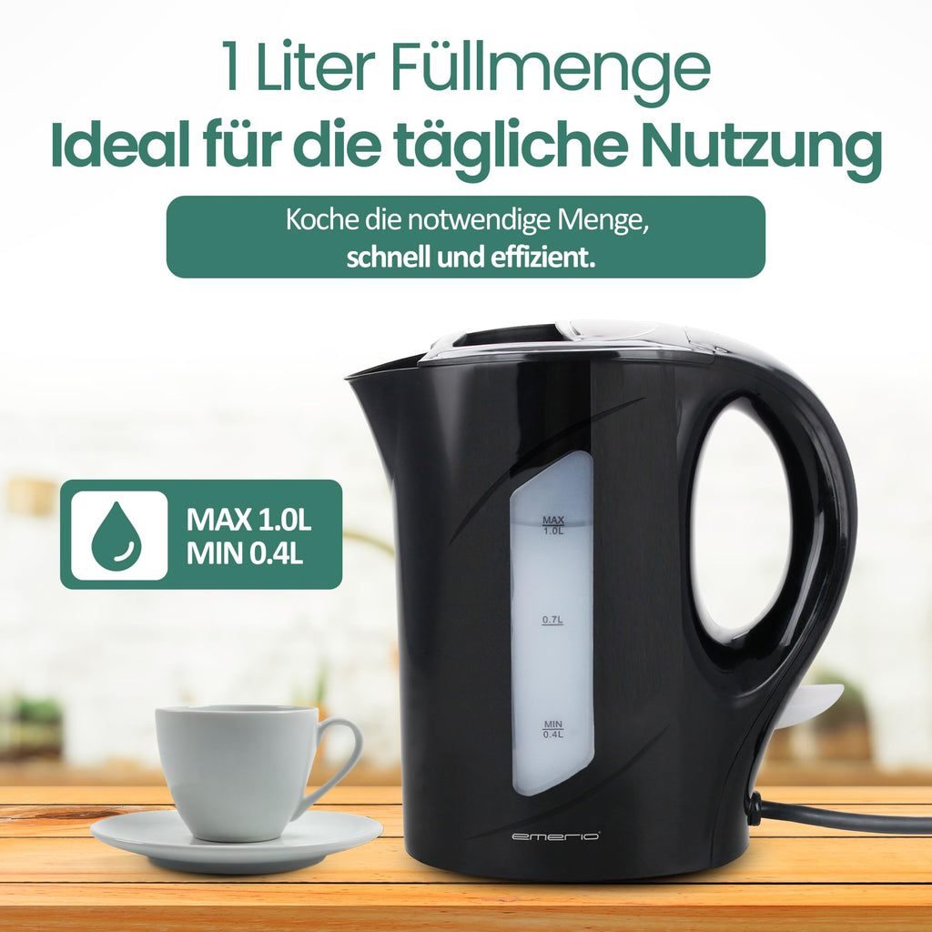 Emerio Vattenkokare, 1,0 liter, 900 watt, vattennivåindikator, BPA-fritt, torrgåsskydd, upplyst på/av-brytare, perfekt för hem, camping eller kontor, WK-121616.1, svart