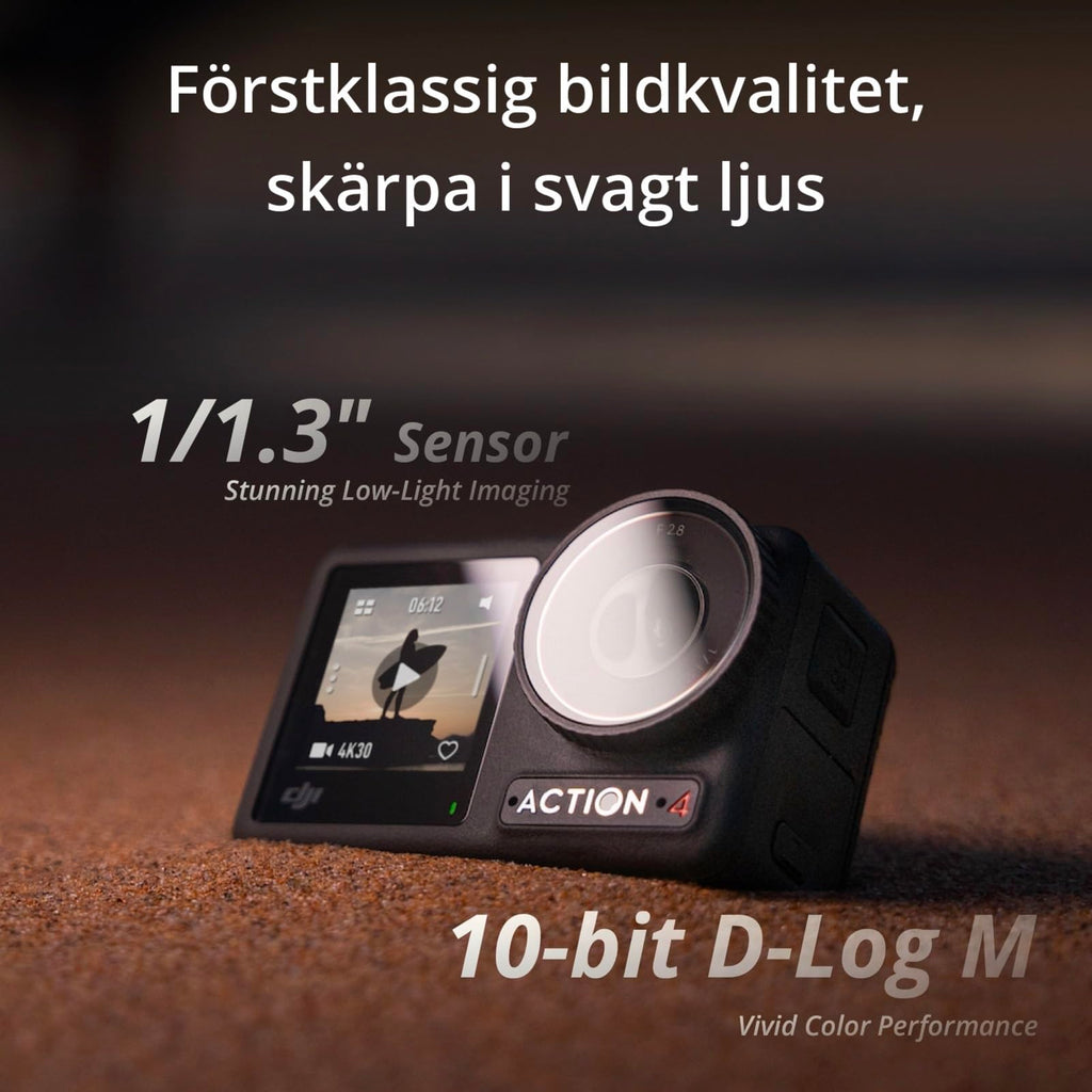 DJI Osmo Action 4 standardkombination - 4K/120 bps vattentät actionkamera med 1/1,3-tums sensor, fantastiska bilder i svagt ljus, 10-bitars och D-Log M färgprestanda, ett 1770 mAh-batteri