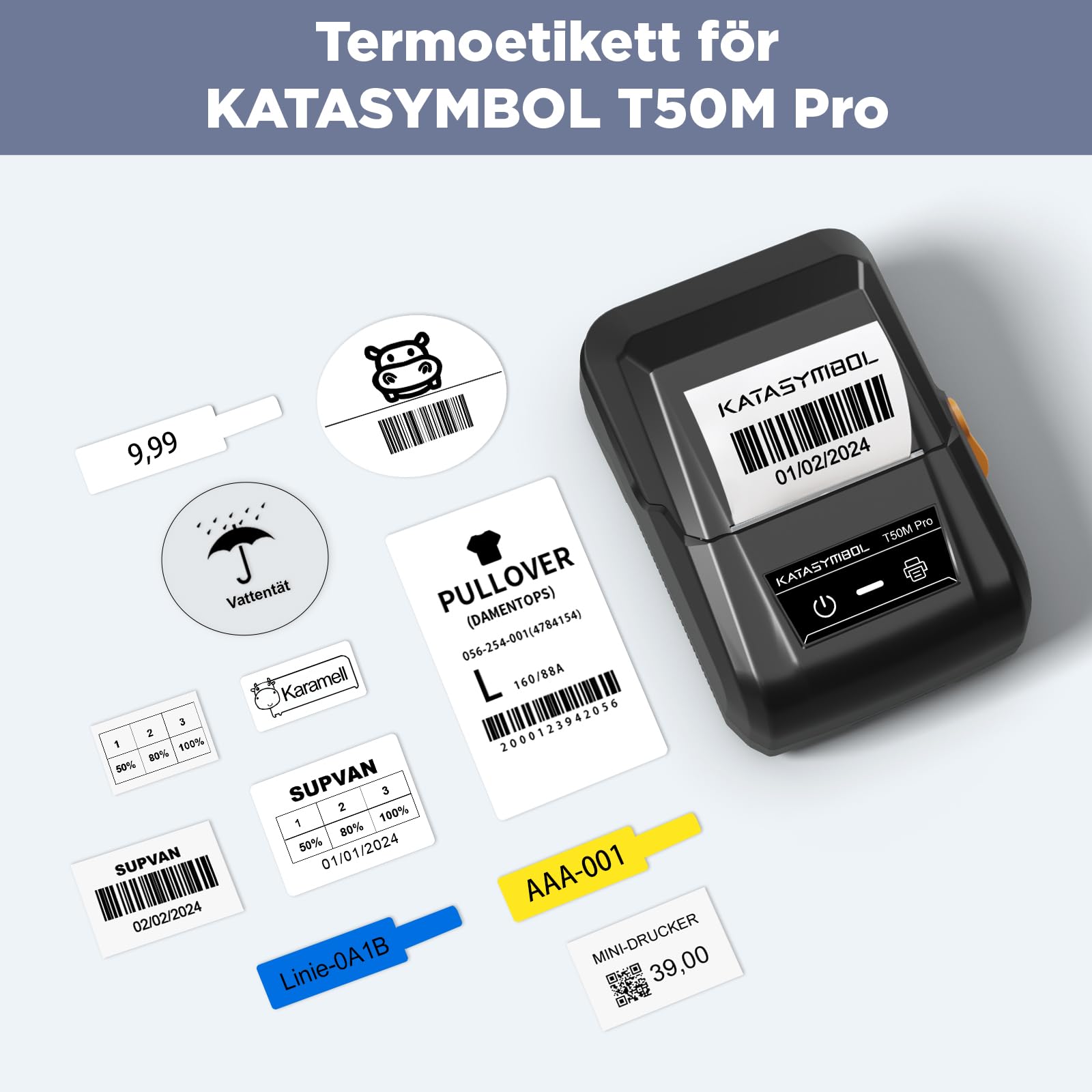 SUPVAN KATASYMBOL T50M Pro Etiketter, Termiska Självhäftande, Vattentät Etikett För Hem, Kontor Och Skola, Kompatibla Med T50M Pro, 40 mm x 30 mm, 250 St/Rull, 2 Rullar, Svart På Vit