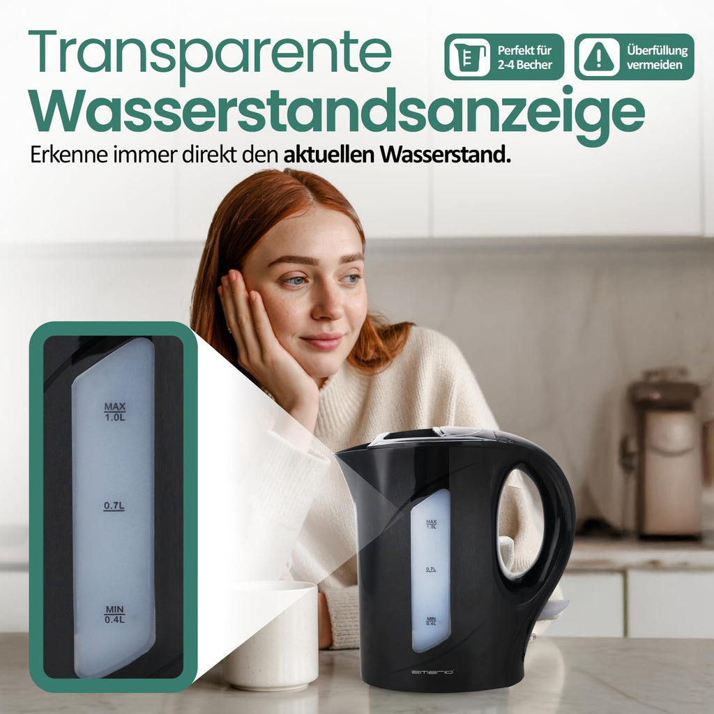 Emerio Vattenkokare, 1,0 liter, 900 watt, vattennivåindikator, BPA-fritt, torrgåsskydd, upplyst på/av-brytare, perfekt för hem, camping eller kontor, WK-121616.1, svart