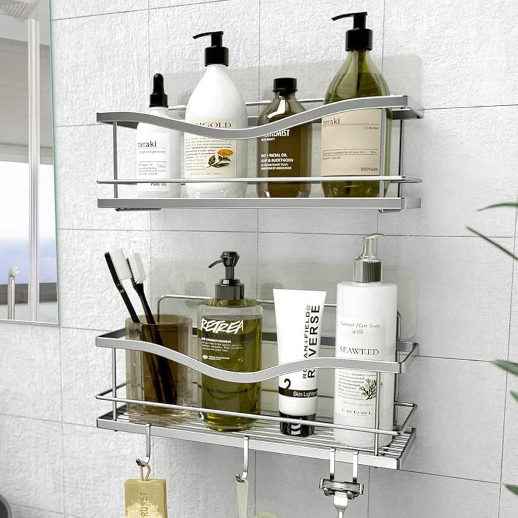 KINCMAX Shower Caddy Basket Shelf Pack of 2 - Adhesive Drill-Free Home Kitchen or Bathroom Storage - Hanging Shower Shelves for Inside Shower - Organiser w/Hooks as Accessories