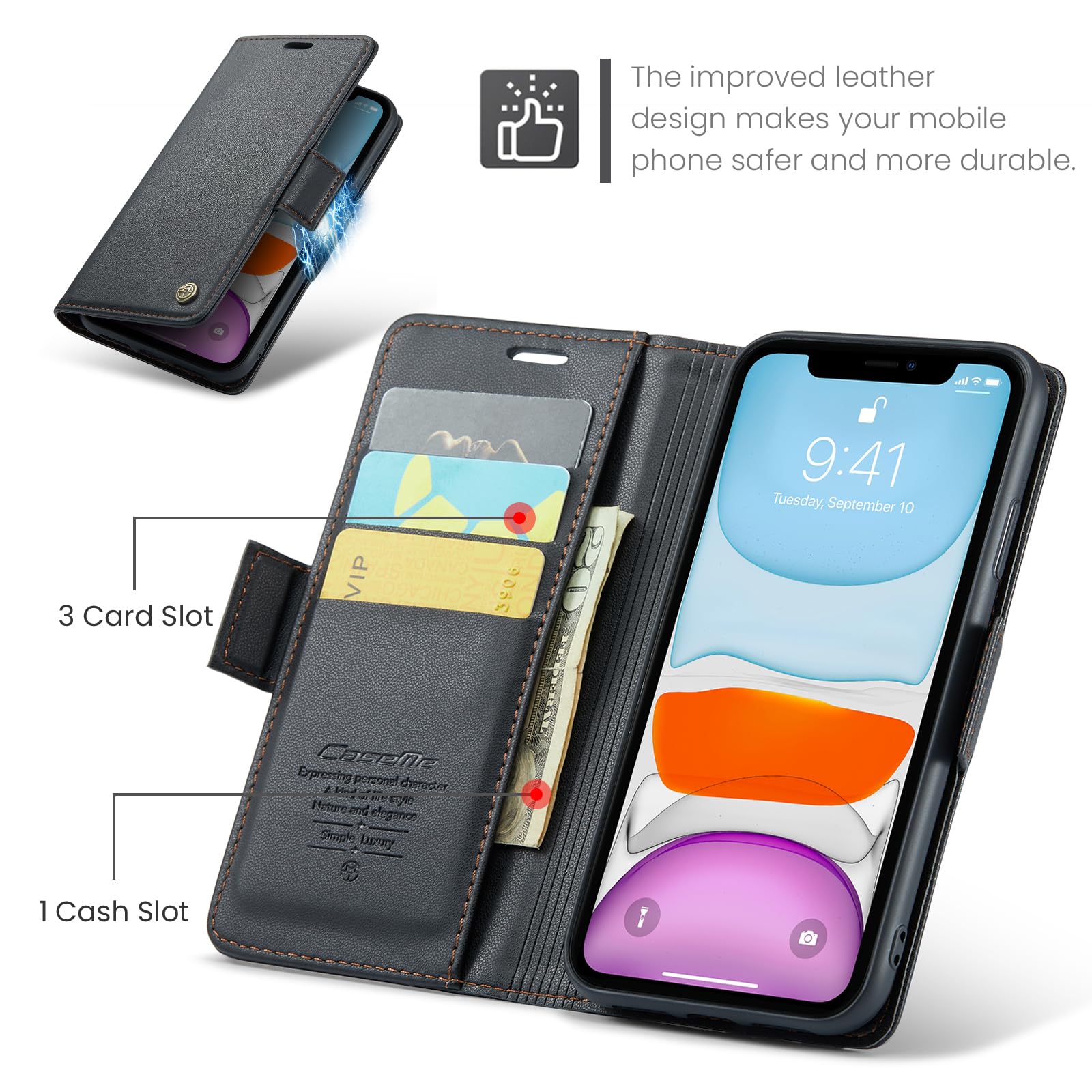 Skal för iPhone 11 Case, Läderfodral Plånbok Skal, [TPU-skal] [Kortplatser] [Kickstand] stöttåligt folio flipfodral Wallet Leather Cover för iPhone 11, Svart