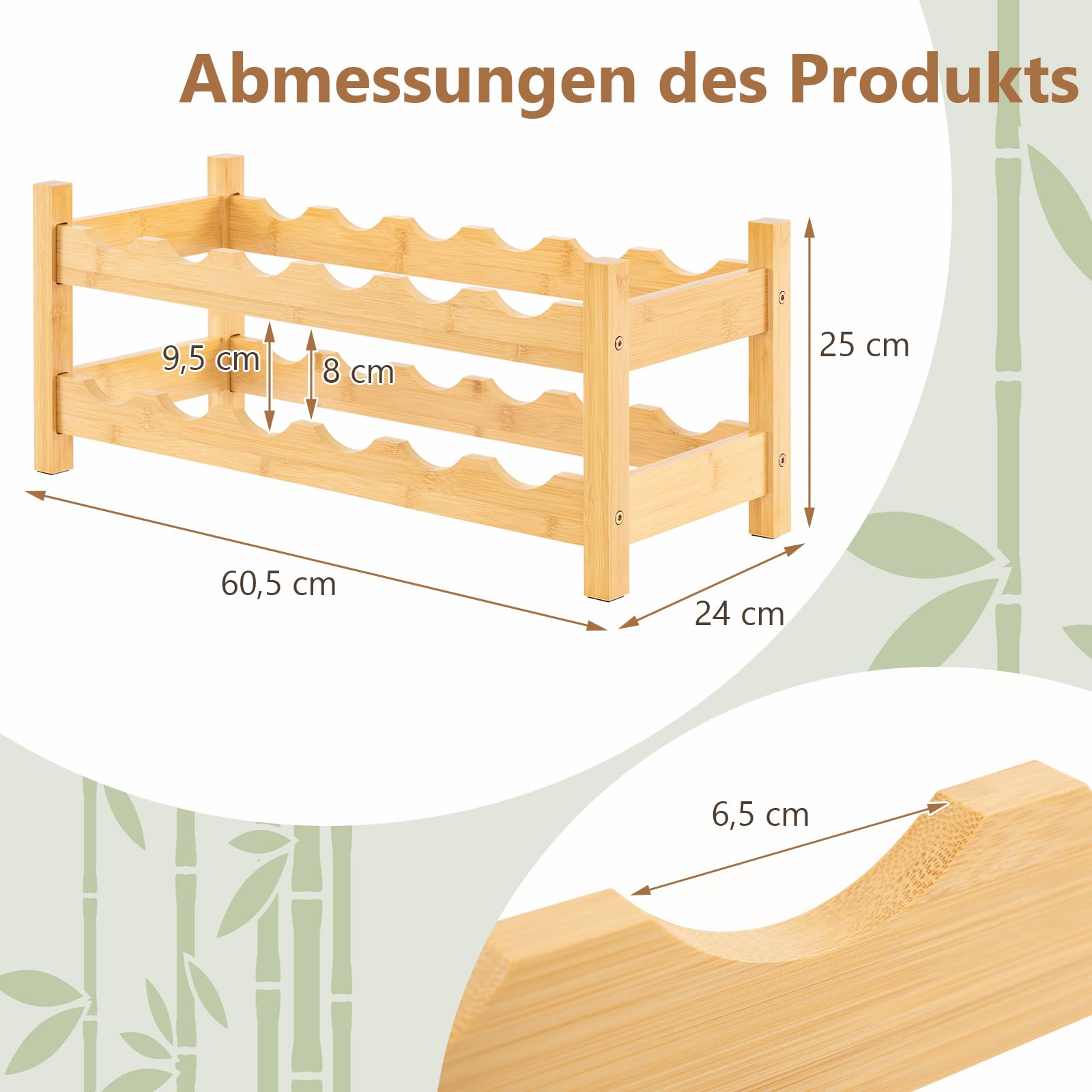 COSTWAY Vinställ bambu för 12 flaskor, flaskhylla med 2 våningar, flaskhållare för källare, kök, bar, matsal, vinflaskhylla 60,5 x 24 x 25 cm (natur)