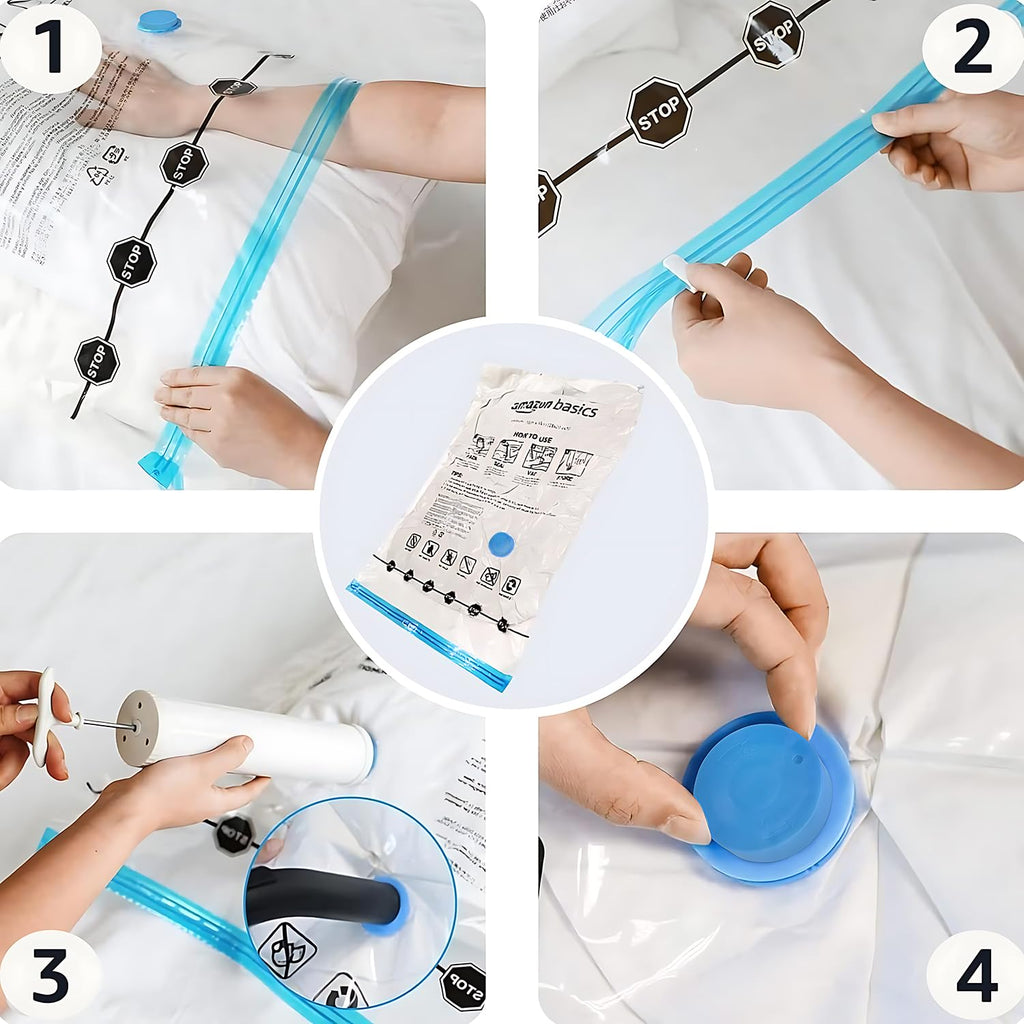 Amazon basics vakuumpåse för kläder med lufttät ventil och handpump – stor, 5-pack, dragkedja, transparent