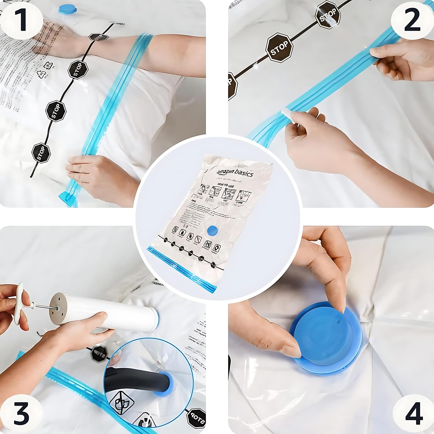 Amazon basics vakuumpåse för kläder med lufttät ventil och handpump – stor, 5-pack, dragkedja, transparent