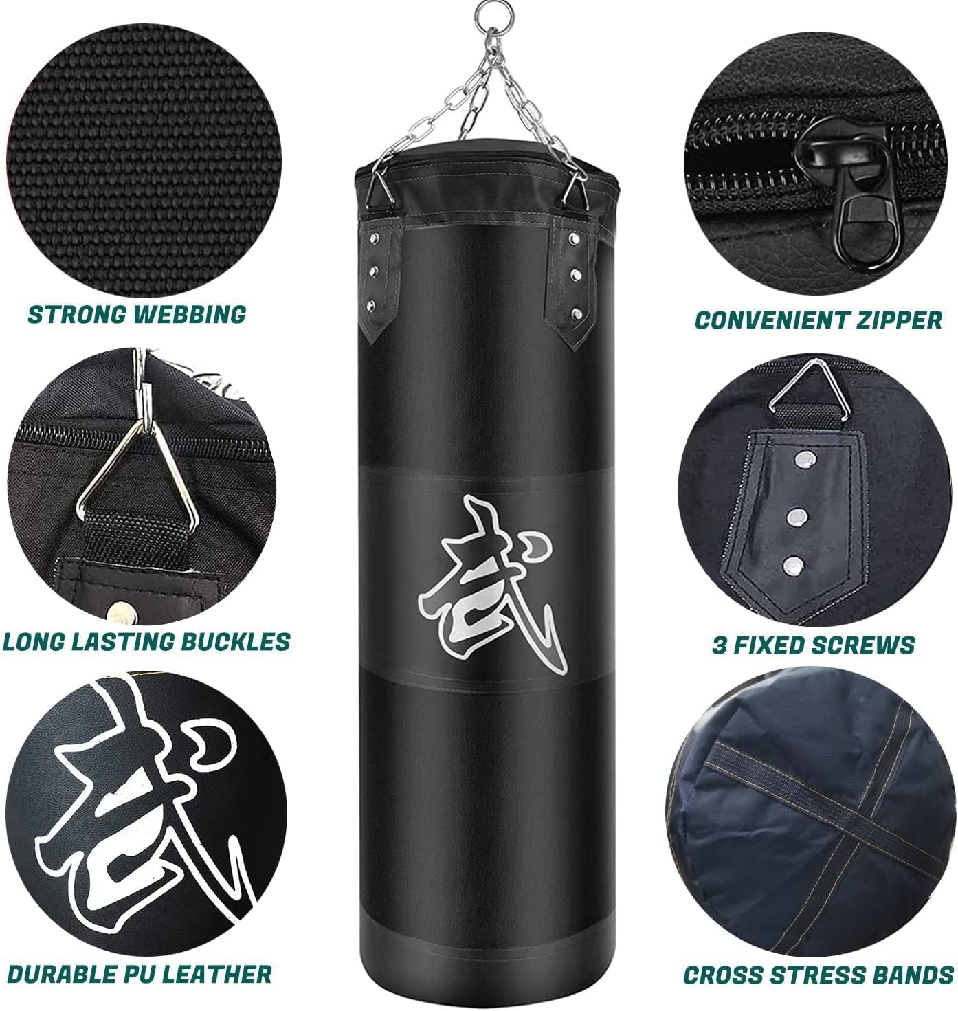 boxningssäck set tung plikt punching bags ofyllda, hängande punchingpåsar boxningsväska för vuxna barn, punkteringspåse med boxbandage takkrok kedja, för kickboxning kampsport muay thai MMA