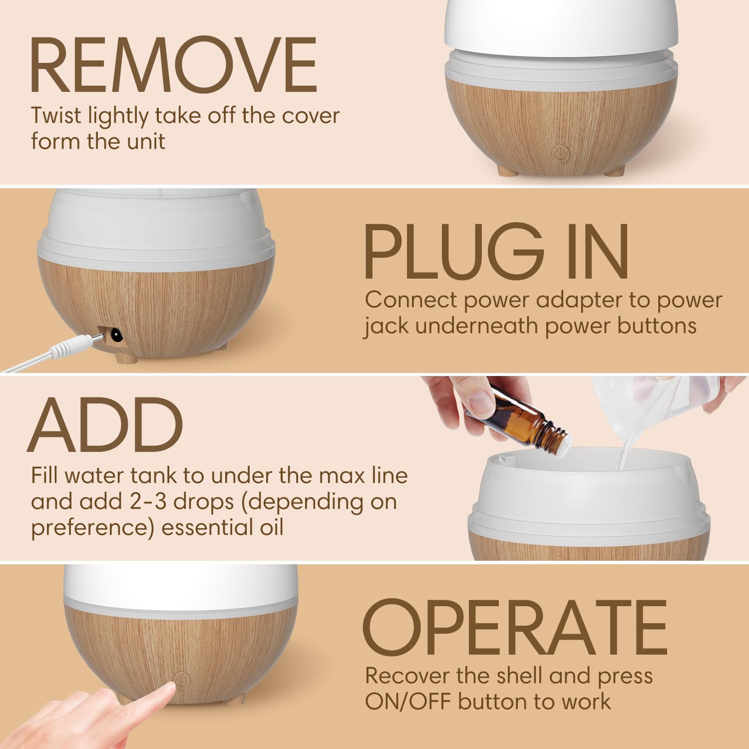SALKING Aroma Diffuser, 100 ml, liten, ultraljuds aromaterapi-diffuser, för eteriska oljor, med automatisk avstängningsfunktion, varmvit ljus, vitt träfiber, diffusor för hem, kontor eller yoga