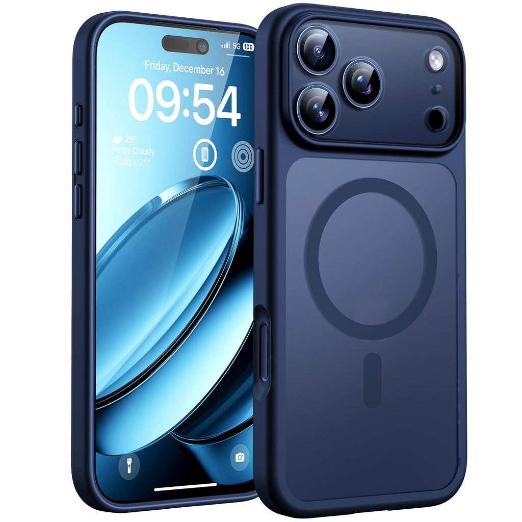 TOCOL Skal för iPhone 17 Pro, Kameraskydd, Integrerad Magnetring, Kompatibel med Magsafe, Fallskydd, Genomskinlig Matt Baksida, Mörkblå