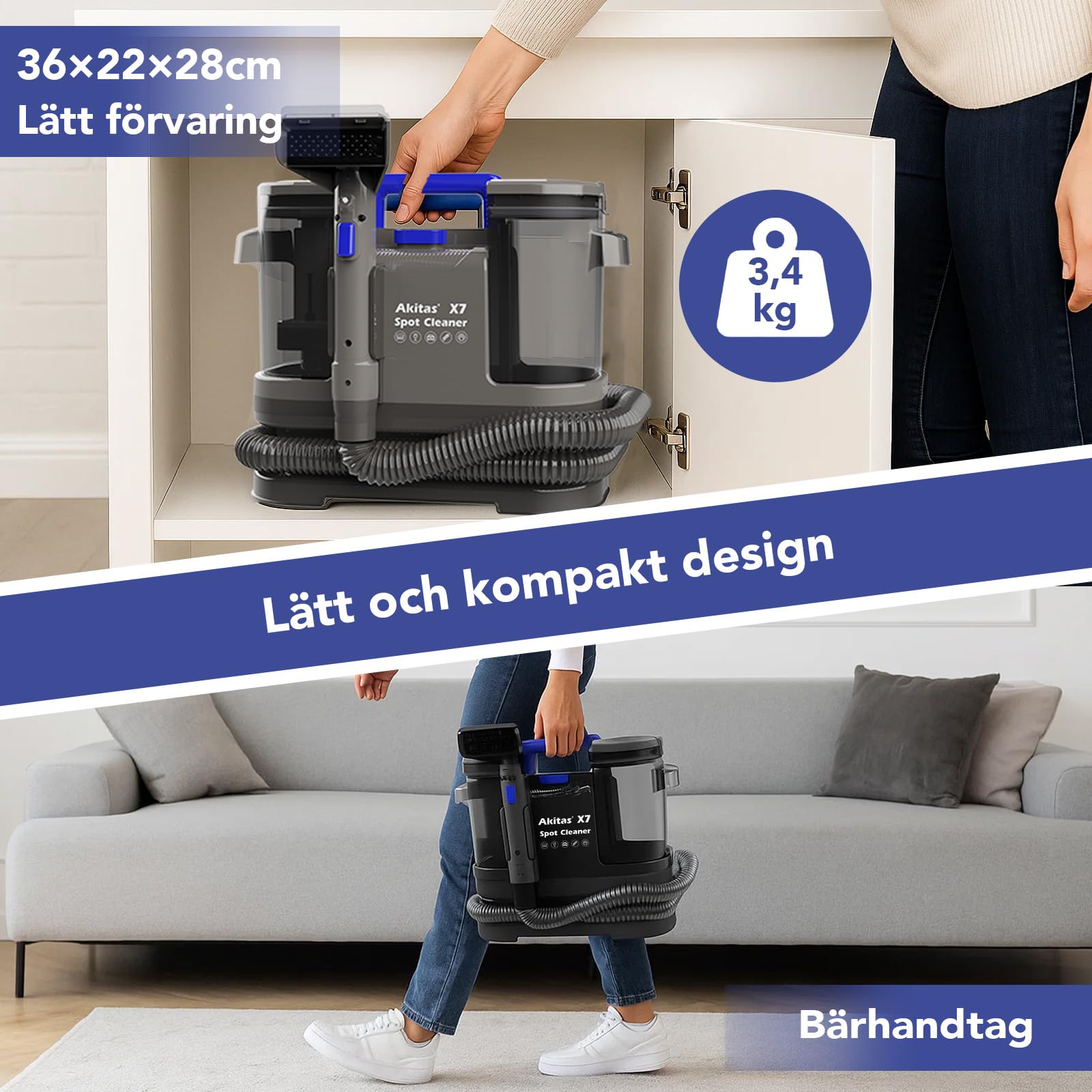 Akitas X7 600W Tapetshampo med Självrengöringsfunktion, 14kPa Sugkraft, Husdjurshår, Mattor, Sängar, Bil, Dubbel Tank