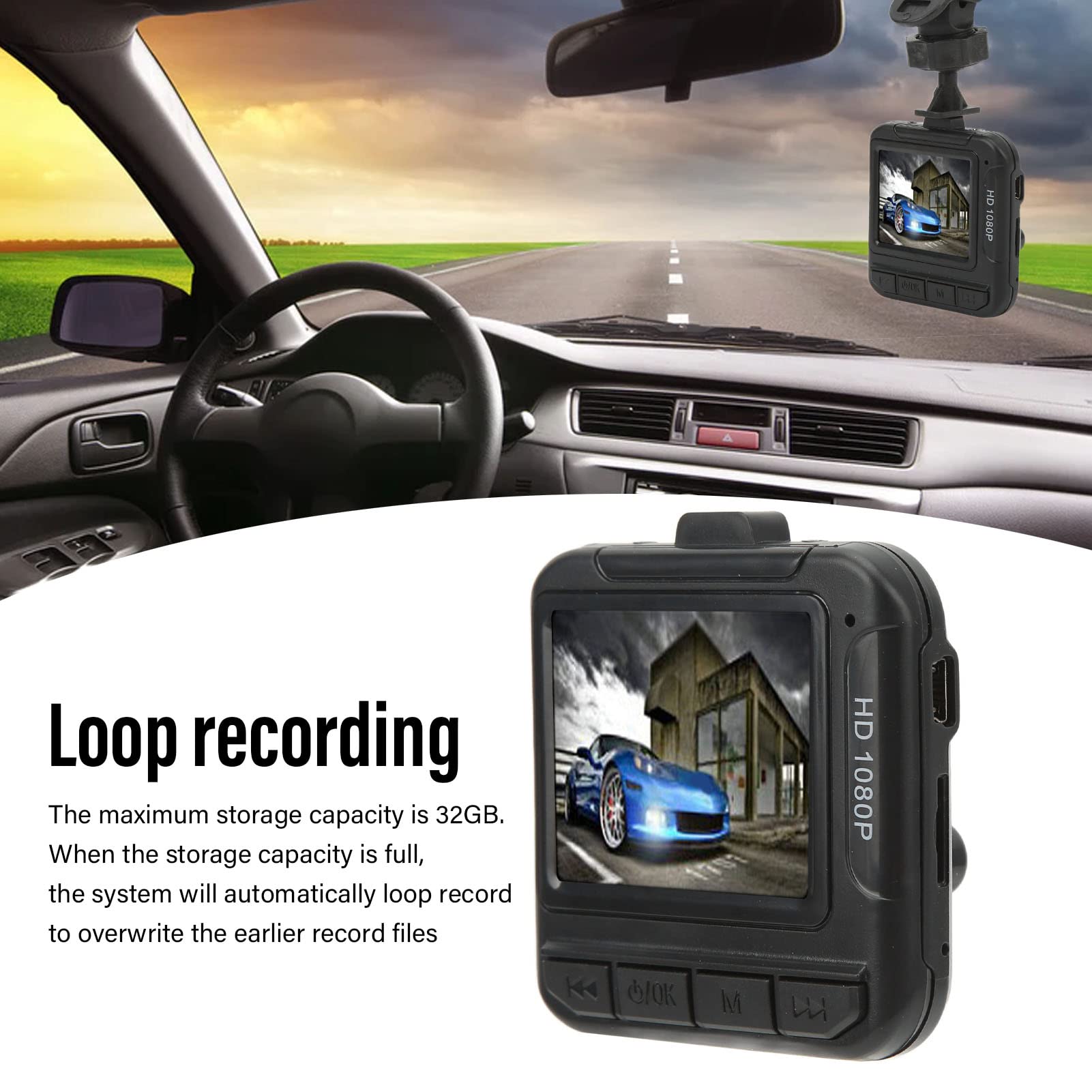 Dash Cam, 1080P Full HD Car DVR Dashboard Camera Video Recorder, 1,6-tums Färgskärm, Rörelsedetektering och Slinginspelning, för Bil, Lastbil, Taxi