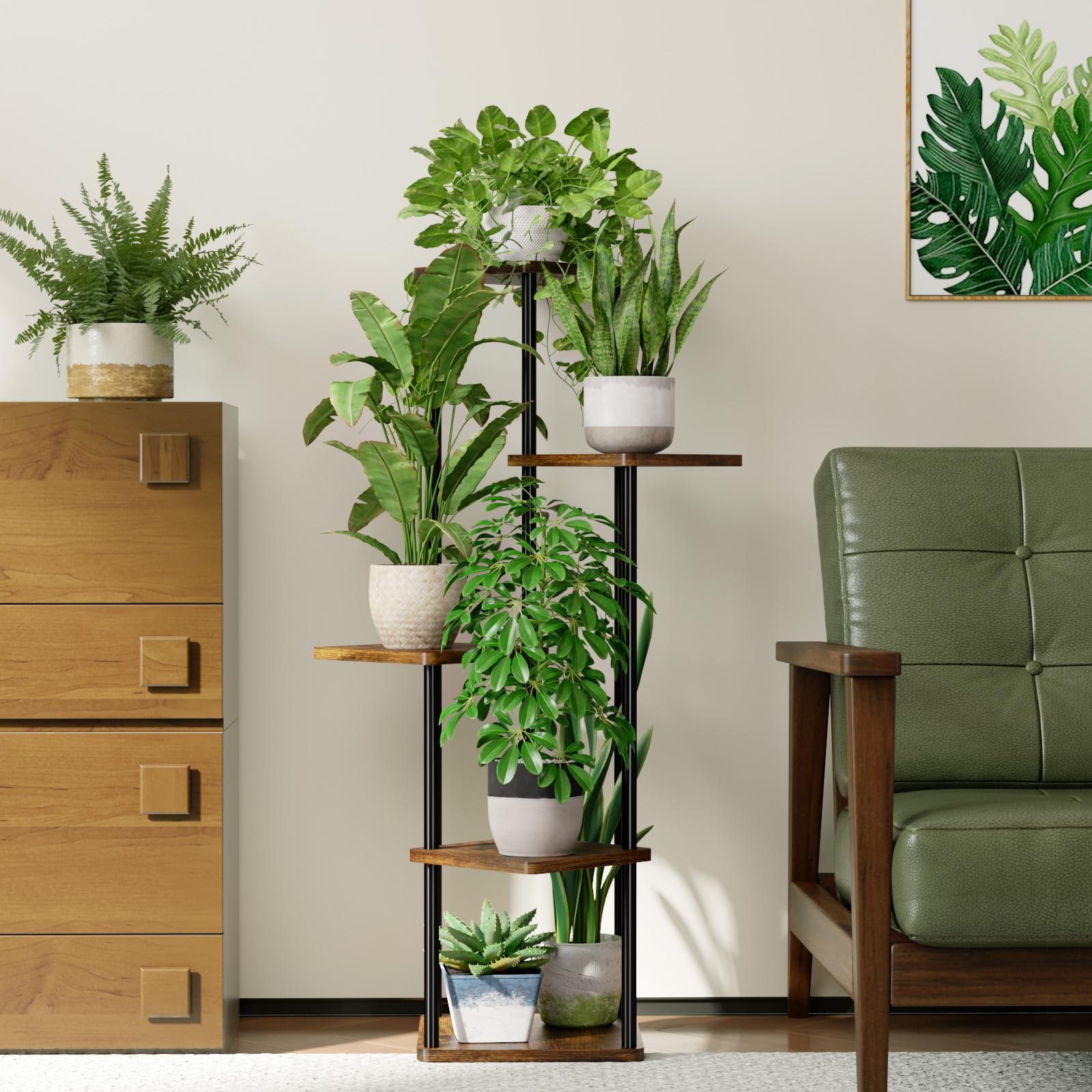 Bamworld växtstativ för inomhus- och utomhusbruk, hörnmetallhylla för flera växter, hög blomhylla för uteplats, trädgård, balkong, vardagsrum och sovrum (5 våningar, brun).