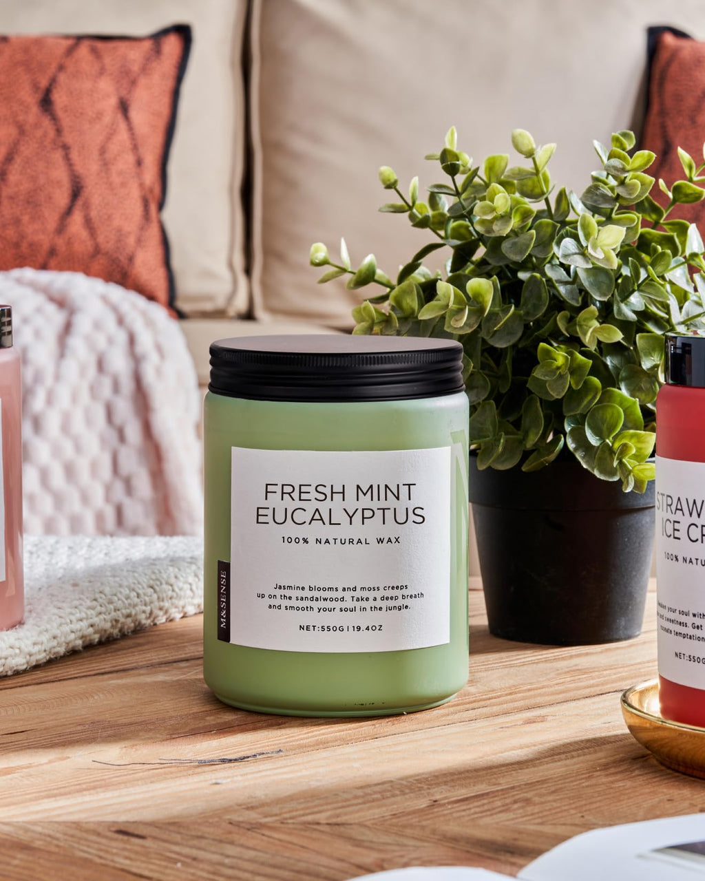 M&SENSE Eukalyptus mint doftljus för home decoration, hem doftande 550g 110 timmar bränd soja stresslindring meditation yoga spa Naturlig burkljus för män och kvinnor