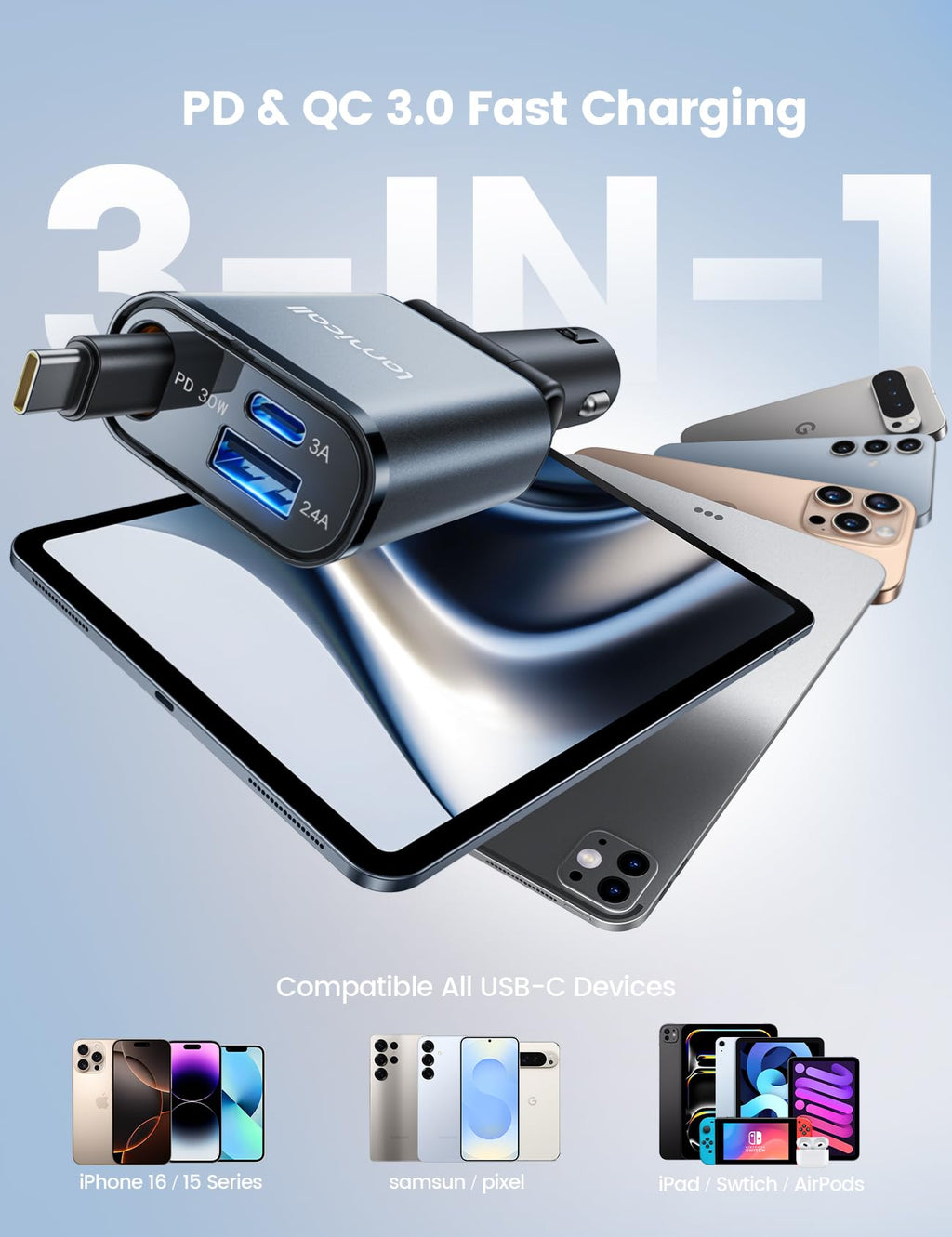 Lamicall Infällbar billaddaradapter – 【Ultrakompakt】50 W cigarettändare USB-laddare, 3-i-1 biltelefonladdning med infällbar kabel, Trip Essentials 12 V USB C-uttag för phone, Android, Galaxy