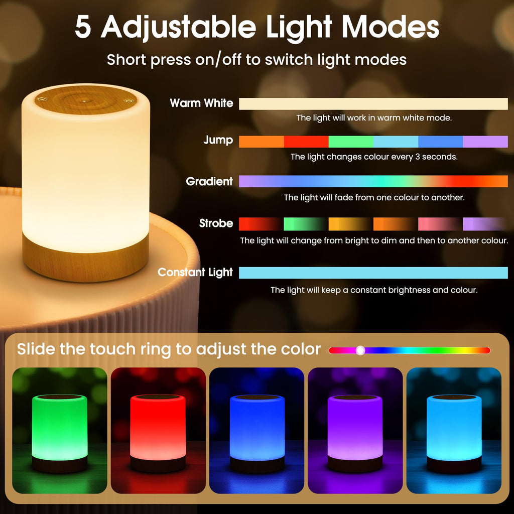 Touch LED-nattlampa, Dimbar Trådlös Uppladdningsbar Bordslampa med 5 Lägen och 256 RGB-färger, Nattlampa med Varmt Ljus Sänglampa Timerfunktion Stämningsljus Skrivbordslampor för Sovrum