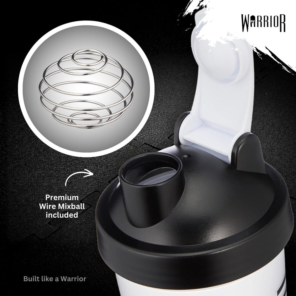 Warrior Protein Shaker-flaska, inkluderar Wire Mixball-mixer – 600 ml – perfekt för att blanda pulvershakes, klar, BPA-fri, diskmaskinssäker