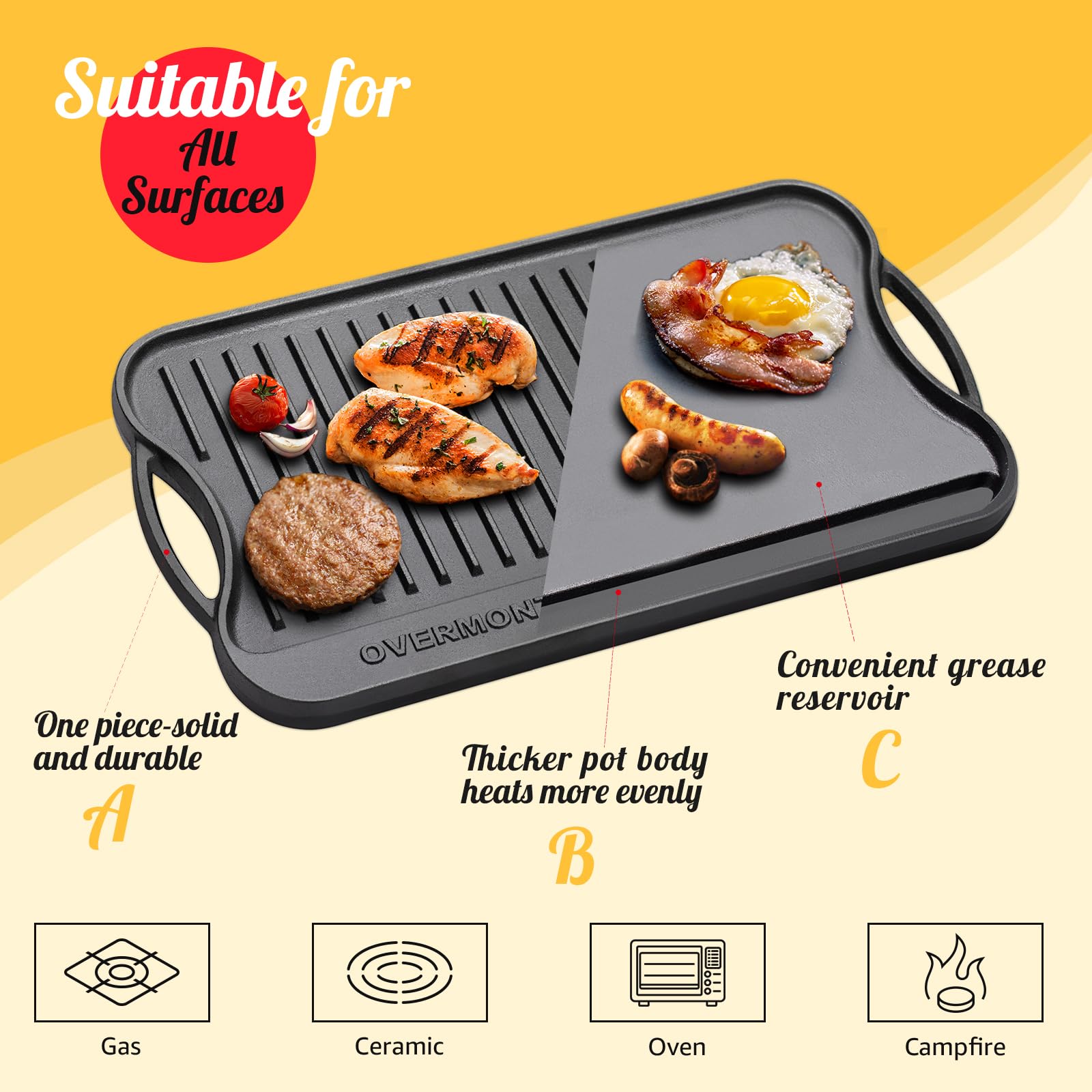 OVERMONT Gjutjärnsplatta, grillplatta, gjutjärn, dubbelsidig – grill med handtag 43,2 x 24,9 cm – för grill, spis, träkolgrill, gasgrill
