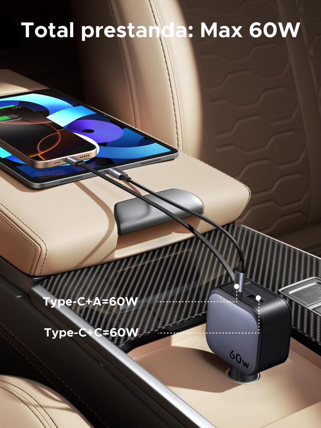 UGREEN 3-port cigarettändare 60W infällbar billaddare 30W integrerad USB C-kabel biltillbehör bil 12V adapter för iPhone 17/16/15, Galaxy S25/24, GPS etc.