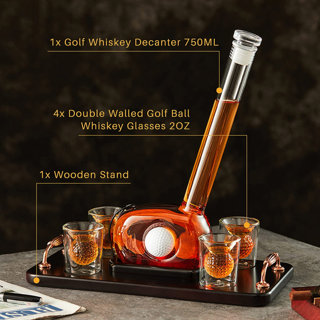 Golf Decanter Whiskey Decanter Set with 4 Golf Ball Whiskey Glasses - Unique Golf Gifts for Men - 750ML Golf Themed Liquor Decanters for Alcohol, Bourbon, Scotch, Vodka, Tequila, Wine Clear
