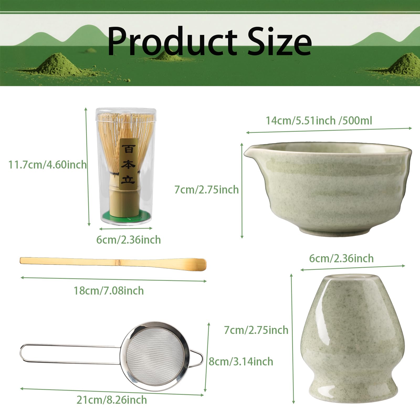 Matcha-set – Matcha teaset om 5 stycken matcha-set för nybörjare med matchande kvast matcha-kvast filtersil matcha skål med hällpip och matcha sked, present för matcha-älskare, teälskare