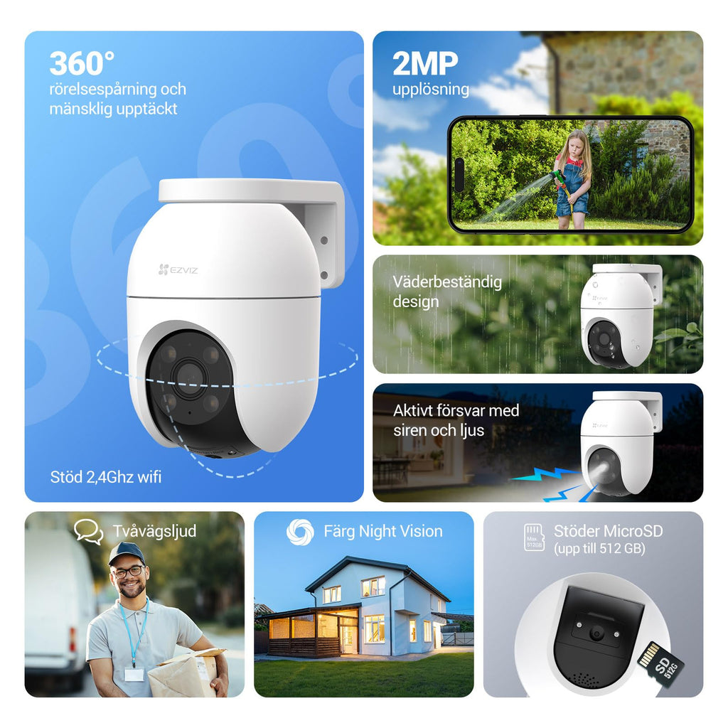 EZVIZ C8c 2MP 360° övervakningskamera Utomhus Wifi, Kamera övervakning PTZ, Color Night Vision, AI Persondetektering, Auto Zoom Tracking, Tvåvägsljud, Siren, Alexa/Google, Security Camera Outdoor