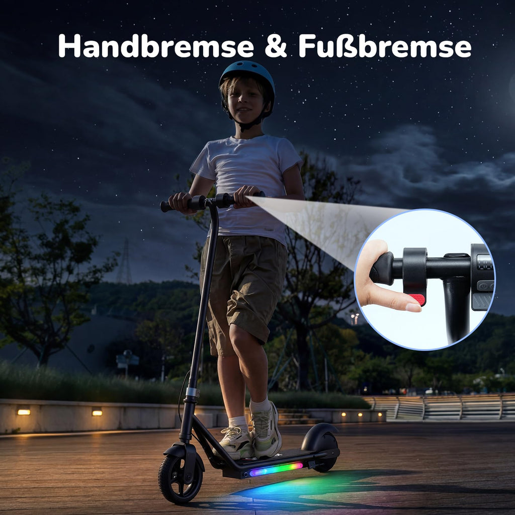 iScooter Elektrisk skoter för barn från 6 till 12 år, 3 körlägen (5, 10, 16 km/h), elektrisk skoter för barn med digital LED-display och 7 färgade lampor, barnskoter upp till 12 km (60 minuter