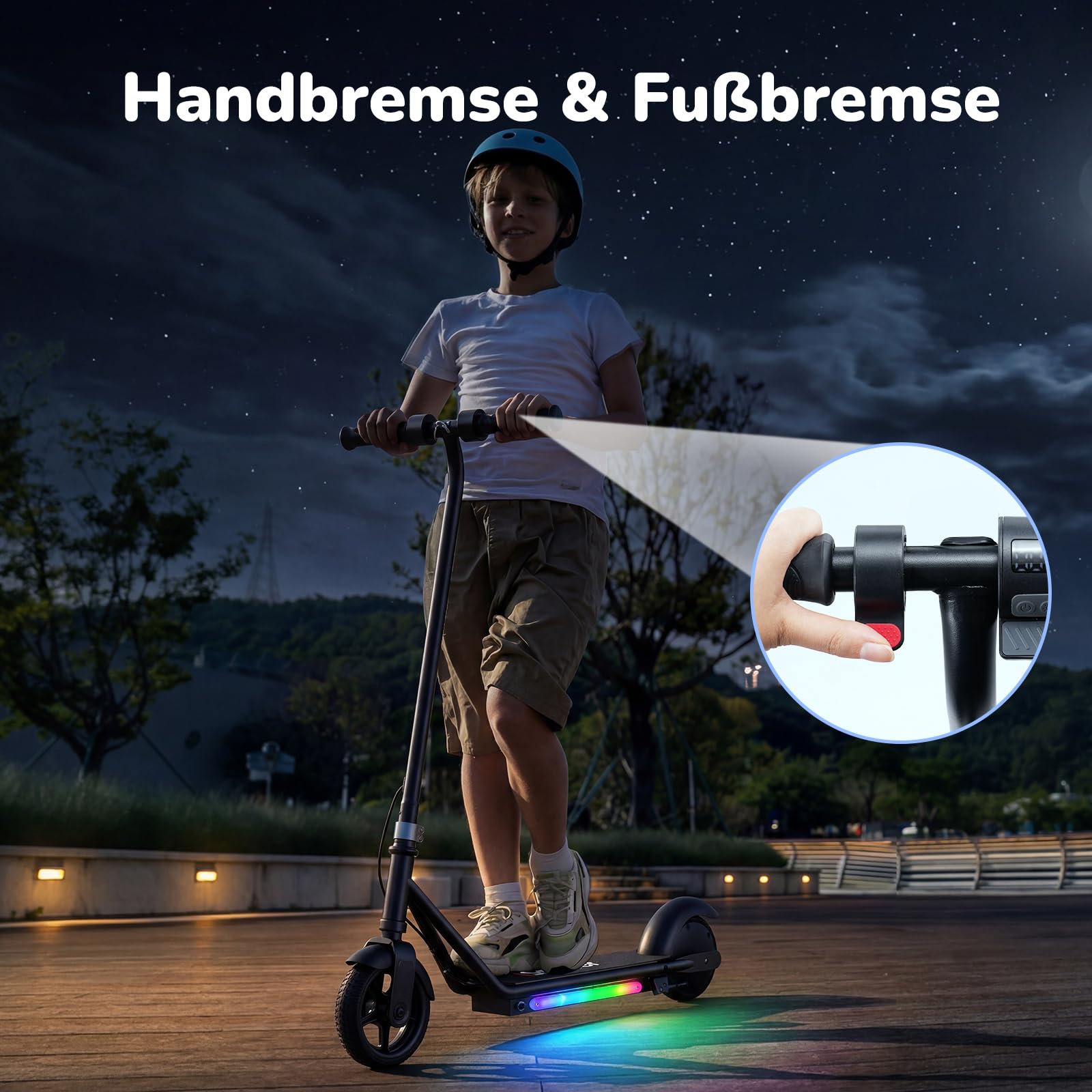 iScooter Elektrisk skoter för barn från 6 till 12 år, 3 körlägen (5, 10, 16 km/h), elektrisk skoter för barn med digital LED-display och 7 färgade lampor, barnskoter upp till 12 km (60 minuter