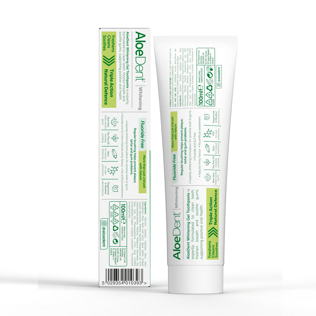 Aloe Dent Whitening Aloe Vera tandkräm Fluorfri, naturlig verkan, Vegan, Cruelty Free, SLS-fri, Naturligt vit, Hälsosamt tandkött, 100 ml, förpackningen kan variera