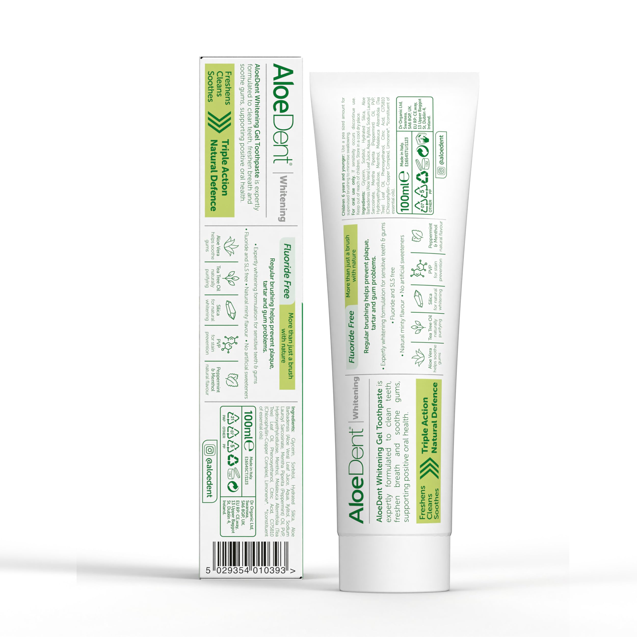 Aloe Dent Whitening Aloe Vera tandkräm Fluorfri, naturlig verkan, Vegan, Cruelty Free, SLS-fri, Naturligt vit, Hälsosamt tandkött, 100 ml, förpackningen kan variera