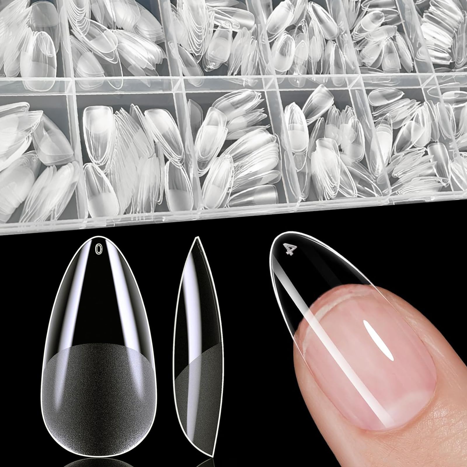 Naglar Tipar, 600st Nails Tips Medium Almond 12 Storlekar Tydliga, Tippar för Naglar, Nybörjare Och Nagelkonstsalonger, Nagelförlängningar, Heltäckande Spikspetsar, Medium Mandel