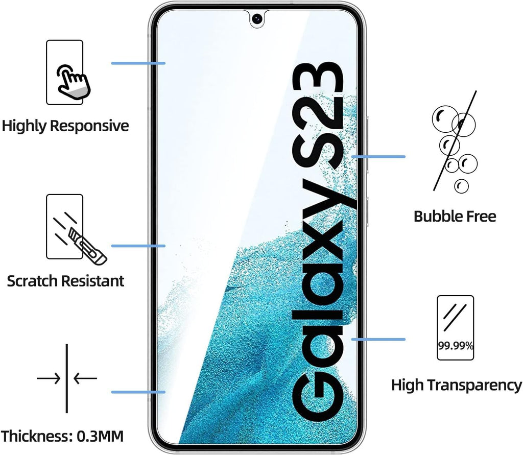 NEW'C 3 Pack, skärmskydd i glas för Samsung Galaxy S23, bubbelfri, 9H hårdhet, 0,33 mm ultratransparent, ultrabeständigt härdat glas
