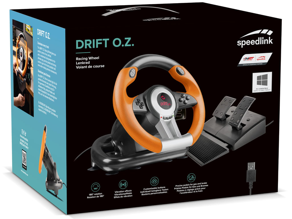 Speedlink DRIFT OZ Racing Wheel – Gaming-ratt med USB-anslutning för PC/dator, pedaler för gas och broms, svart-orange