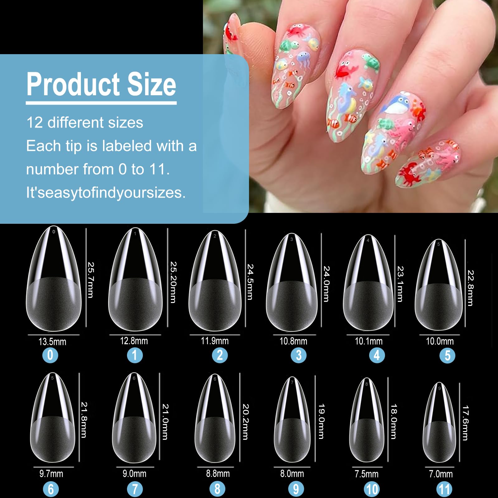 Naglar Tipar, 600st Nails Tips Medium Almond 12 Storlekar Tydliga, Tippar för Naglar, Nybörjare Och Nagelkonstsalonger, Nagelförlängningar, Heltäckande Spikspetsar, Medium Mandel