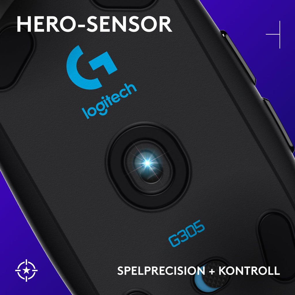 Logitech G305 LIGHTSPEED trådlös spelmus, HERO-sensor, 12 000 DPI, lätt, 6 programmerbara knappar, 250 timmars batteri, inbyggt minne, kompatibel med PC, Mac - Svart