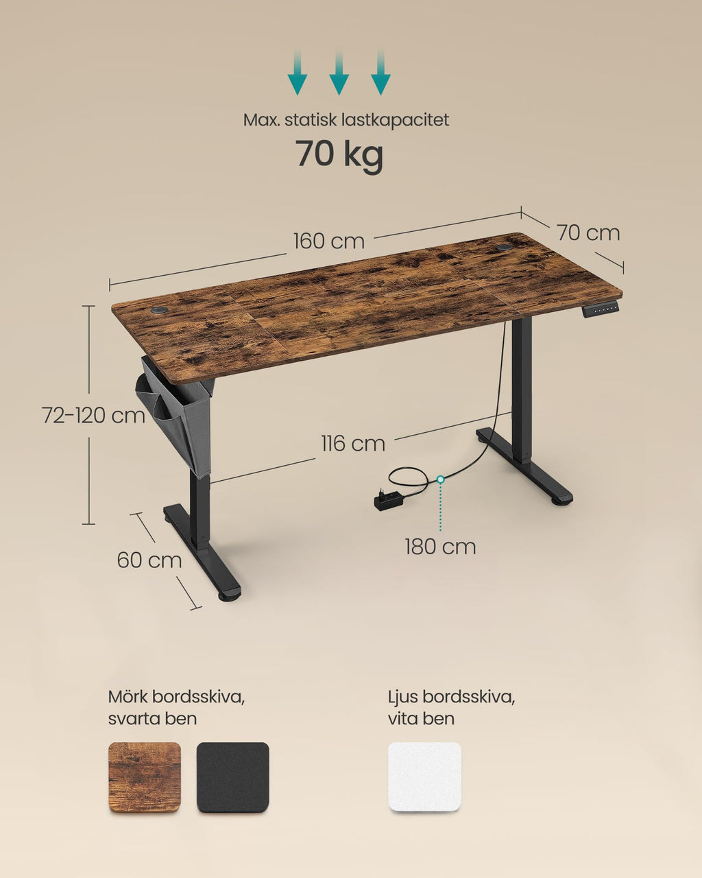SONGMICS Höjdjusterbart elektriskt skrivbord, 160 x 70 cm, stående, 4-höjds minnesfunktion, för kontor, hemmakontor, rustik brun och bläcksvart, LSD136K01