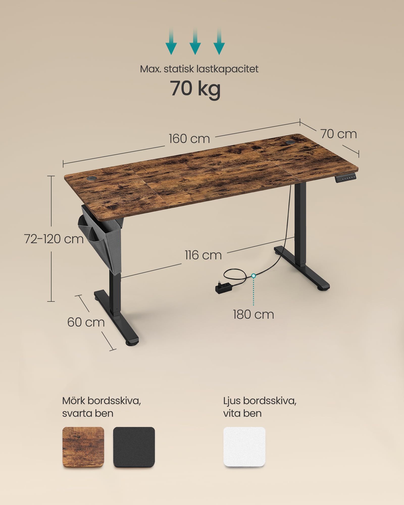 SONGMICS Höjdjusterbart elektriskt skrivbord, 160 x 70 cm, stående, 4-höjds minnesfunktion, för kontor, hemmakontor, rustik brun och bläcksvart, LSD136K01