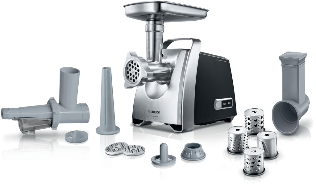 Bosch ProPower 2200W MFW68660 - Extra kraftfull köttkvarn med backningsfunktion, integrerad förvaring och överbelastningsskydd, på stadiga gummifötter, korvhorn ingår, svart