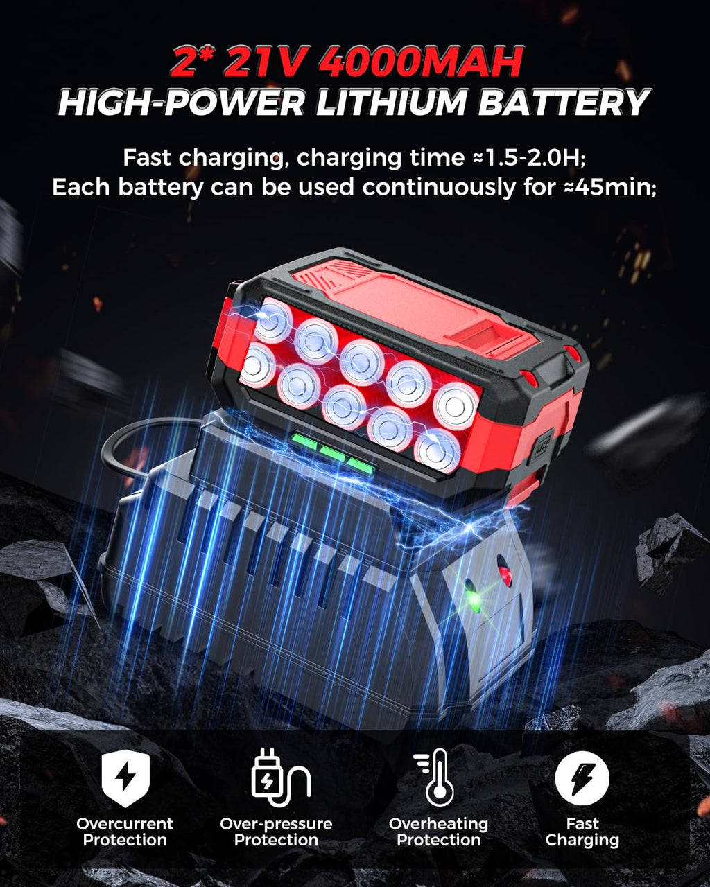 XIAZIR Batteridriven slagnyckel 1200 Nm, 21V 4.0Ah×2 batterier + snabbladdare, 3 hastigheter + LED-lampa, inkl. 5 hylsor + förlängningsstång + väska, för bil, bygg och DIY