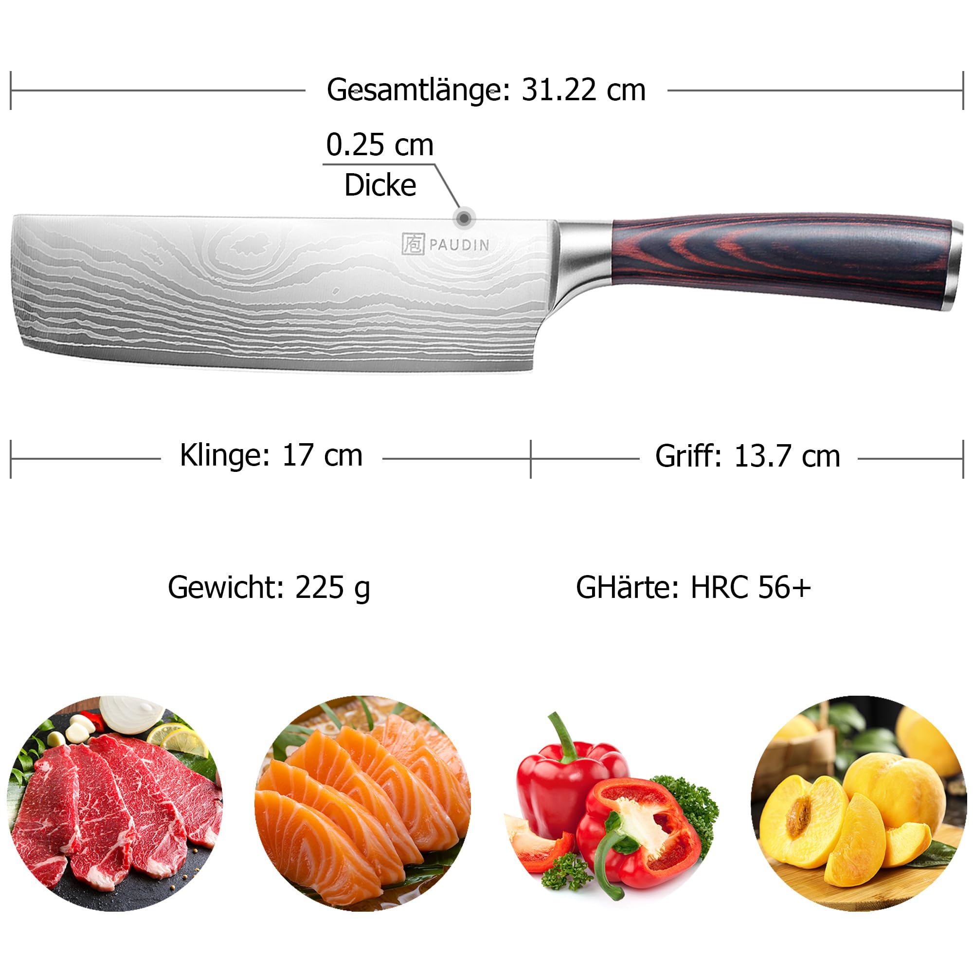 PAUDIN Japansk kniv, bladlängd 17, nariki-kniv, rostfritt stål, kockkniv, multifunktionell kökskniv för hem och kök med ergonomiskt handtag
