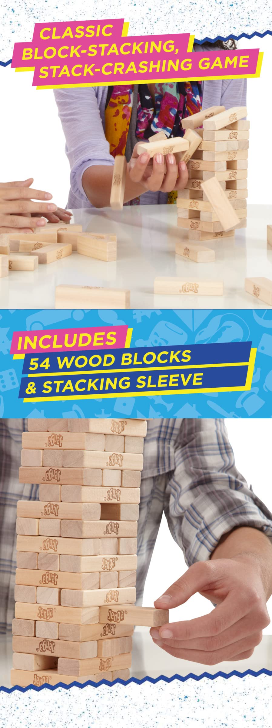 Klassiskt Jenga-spel, staplingsspel med träklossar