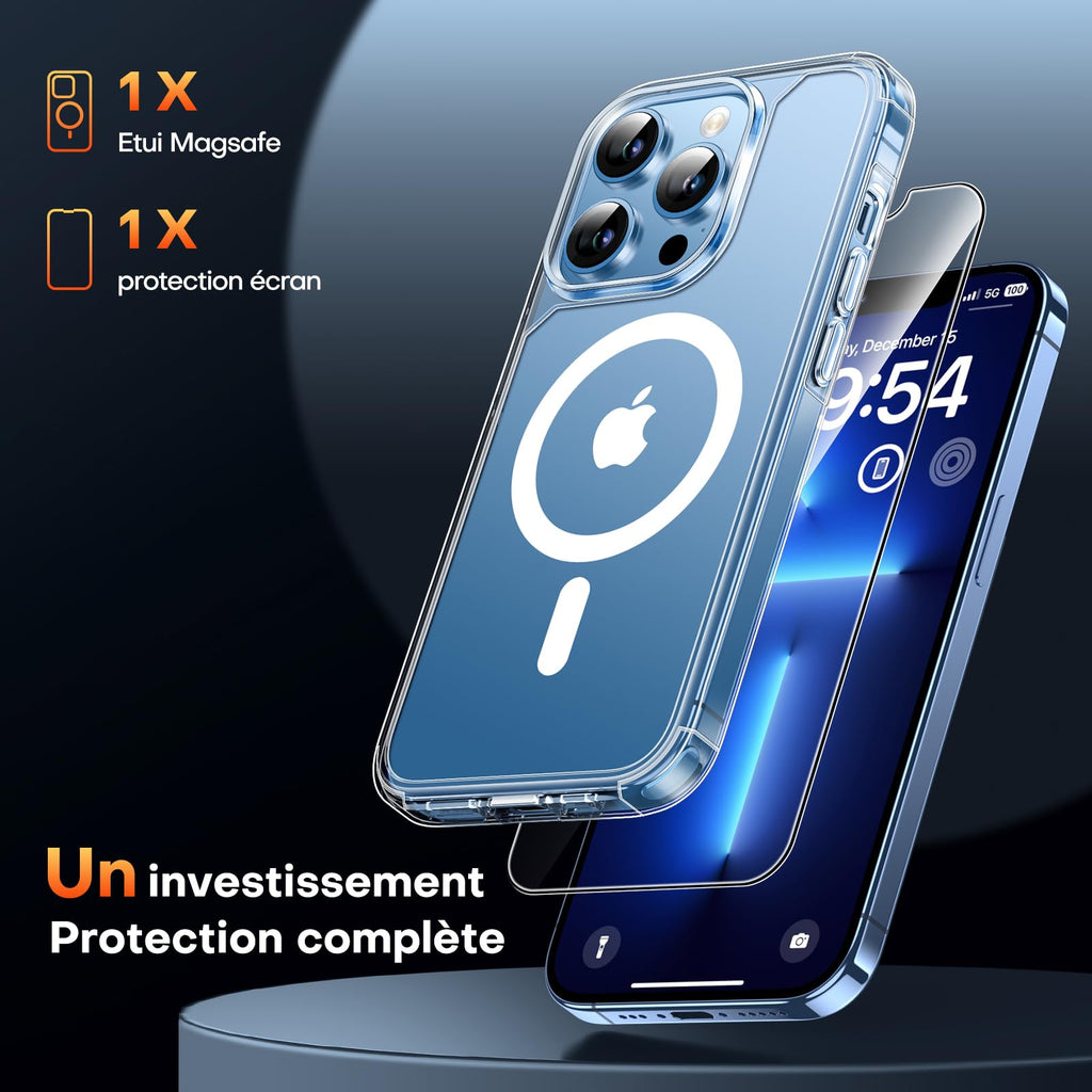 TAURI för iPhone 13 Pro Skal 6.1-Tum med Härdat Glas Skärmskydd, Kompatibelt med MagSafe, Militär kvalitet, [Icke-Gulning] Magnetisk Mobilskal Case - Klar