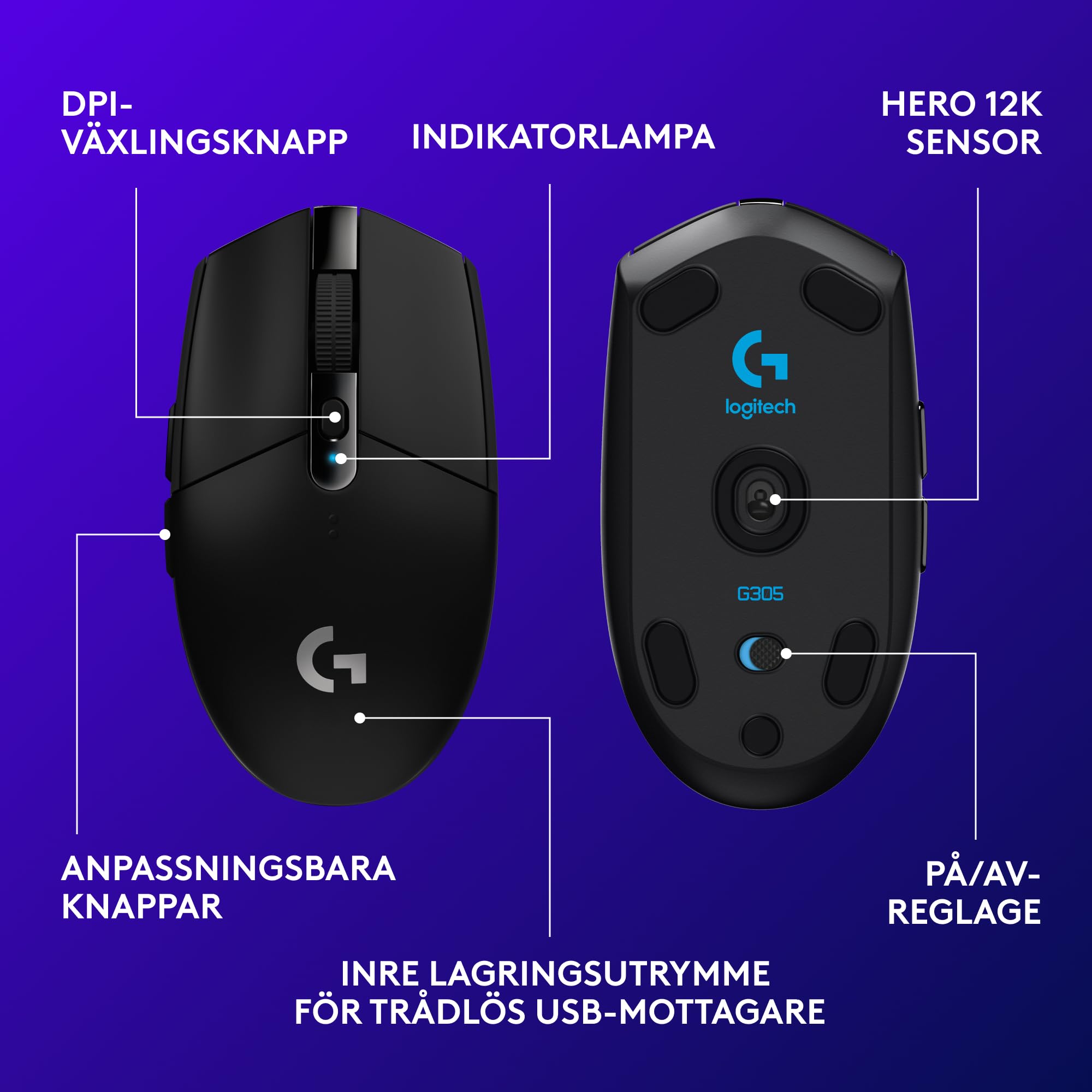 Logitech G305 LIGHTSPEED trådlös spelmus, HERO-sensor, 12 000 DPI, lätt, 6 programmerbara knappar, 250 timmars batteri, inbyggt minne, kompatibel med PC, Mac - Svart