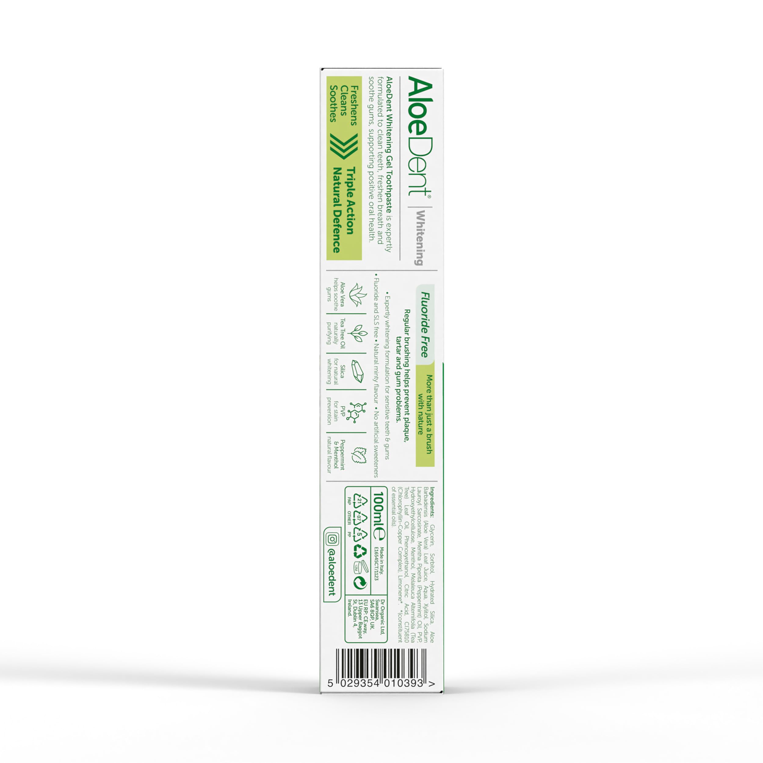 Aloe Dent Whitening Aloe Vera tandkräm Fluorfri, naturlig verkan, Vegan, Cruelty Free, SLS-fri, Naturligt vit, Hälsosamt tandkött, 100 ml, förpackningen kan variera