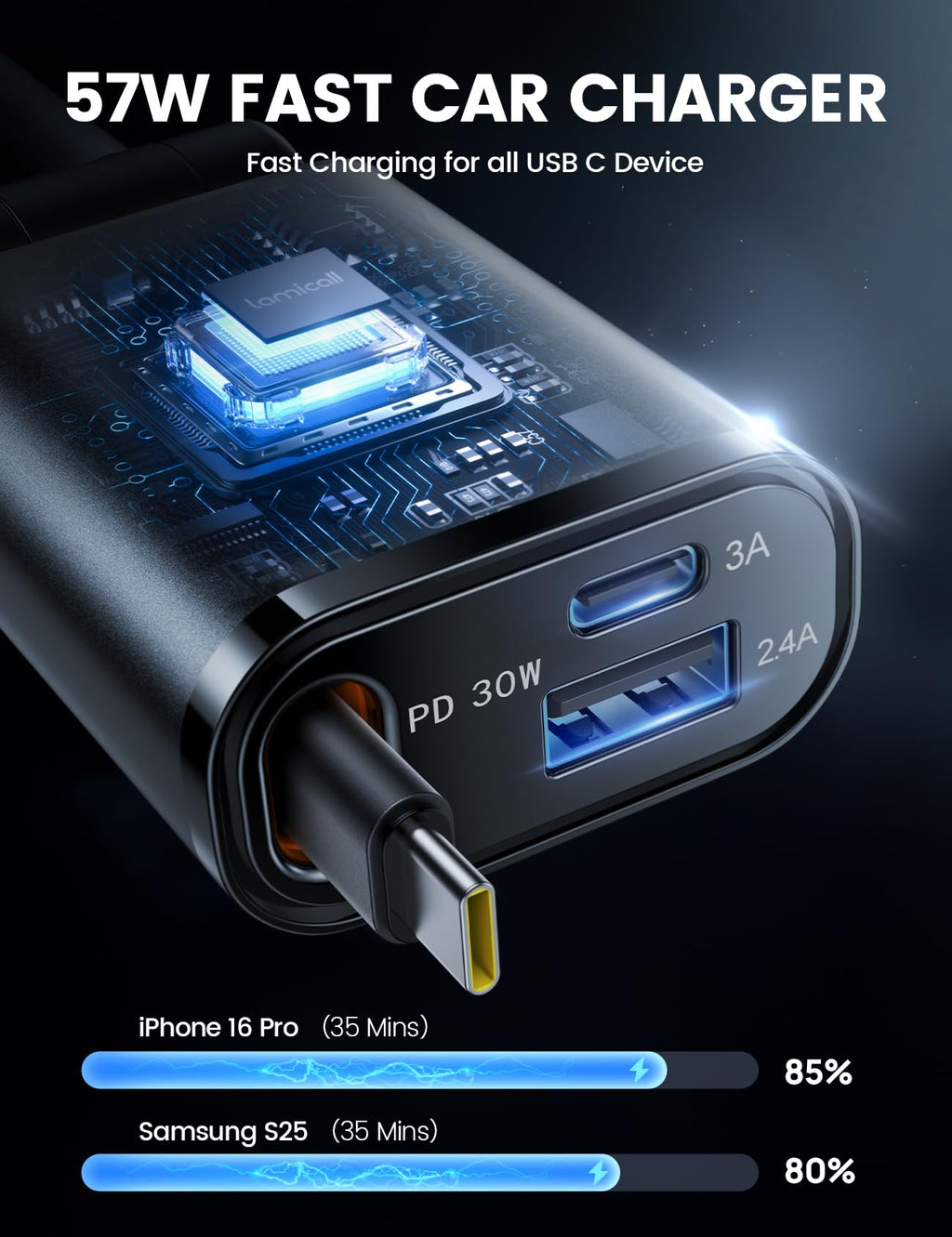 Lamicall Infällbar billaddaradapter – 【Ultrakompakt】50 W cigarettändare USB-laddare, 3-i-1 biltelefonladdning med infällbar kabel, Trip Essentials 12 V USB C-uttag för phone, Android, Galaxy