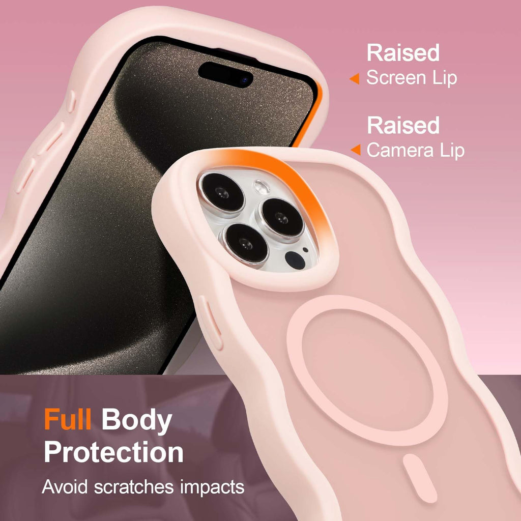 UEEBAI Magnetiskt skal för iPhone 12/12 Pro, sött skal kompatibelt med MagSafe, 2025, transparent klar design, vågig ram, matt telefonskal, rosa