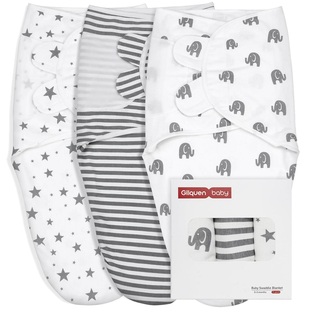 GLLQUEN BABY Filt för inlindning, för bebisar på 0–3 månader, sovsäck för småbarn, unisex, set med 3 lindor, 100 % ekologisk bomull (ny grå)