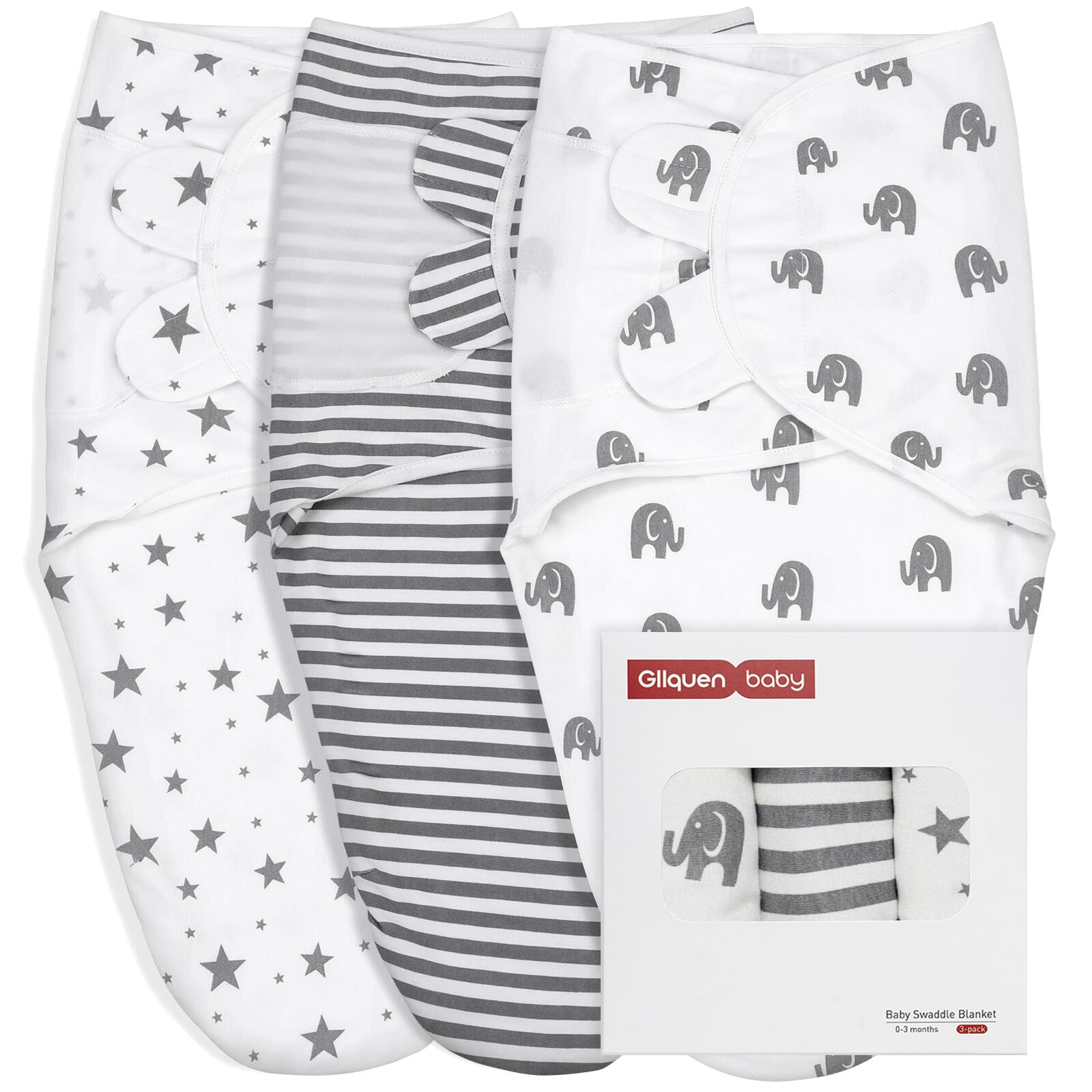GLLQUEN BABY Filt för inlindning, för bebisar på 0–3 månader, sovsäck för småbarn, unisex, set med 3 lindor, 100 % ekologisk bomull (ny grå)