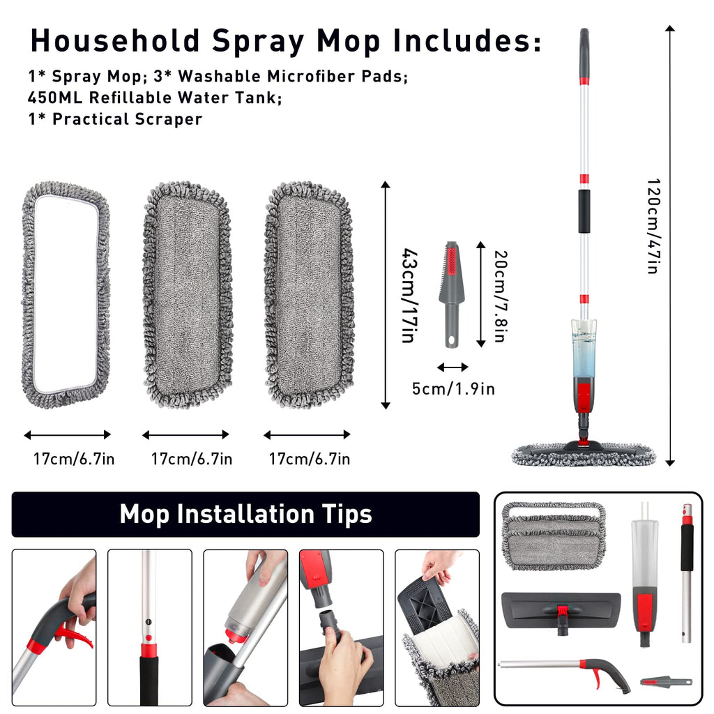 golvmopp med sprayfunktion, spraymopp, hem, kök, mopp, golvrengöring, med 450 ml vattentank och 3 tvättbara mikrofiberöverdrag (röd)