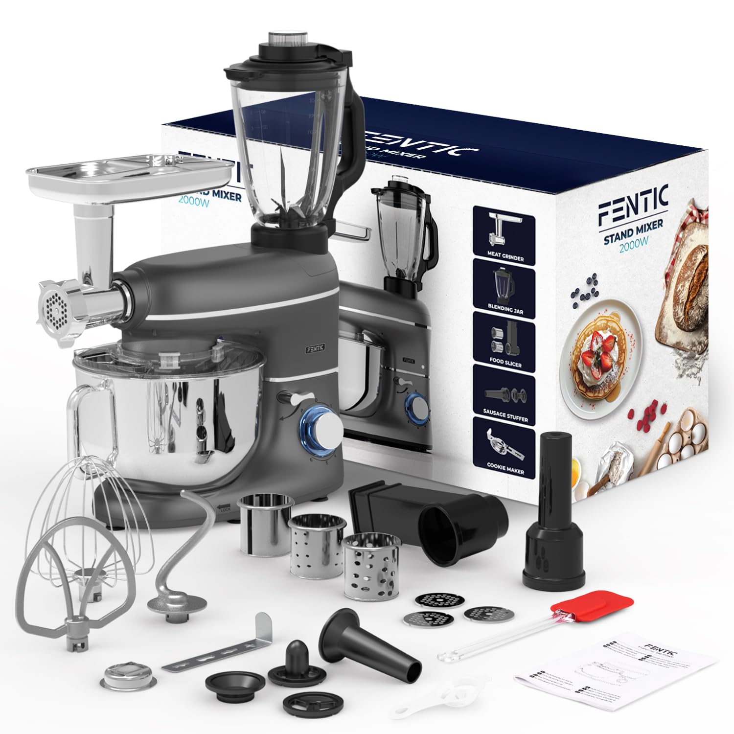6 in 1 Matberedare – 2000W – Med Köttkvarn, 1,5L Blender,Grönsaksskärare och Extra Tillbehör – Köksmaskin med Mixerskål 6.2L, Omrörarkrok, Degkrok, Visp och Stänkskydd (Antracit)