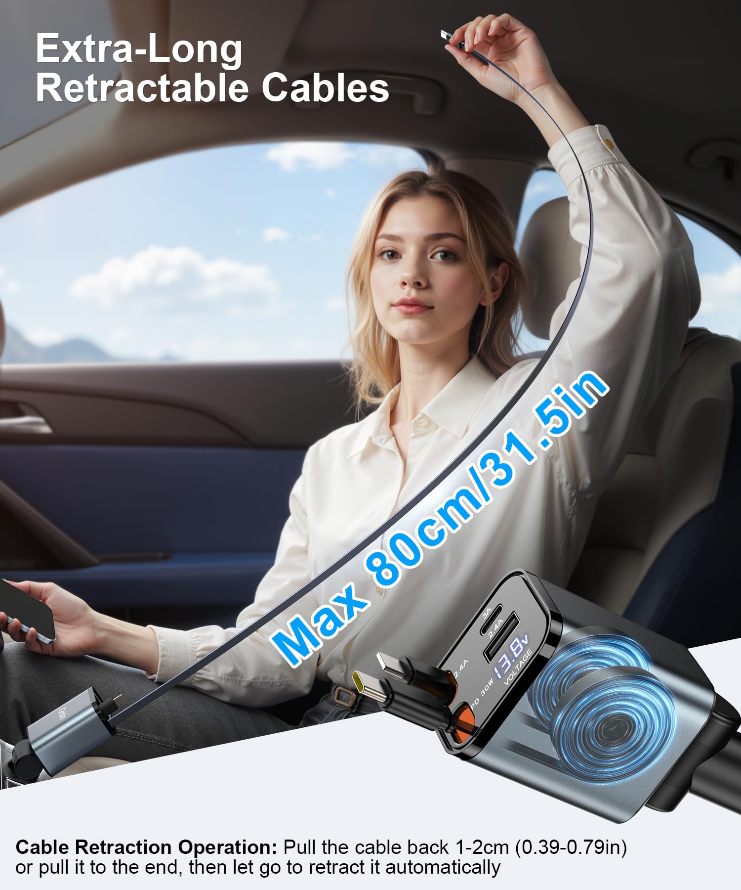 Gritin Infällbar Billaddare, 69W Supersnabb 4-i-1 USB C Billaddaradapter med Smart Enhet - Adaptiv Laddningsteknik och Omedelbar Spänningsdisplay, Tillbehör för iPhone 16 15, iPad, Android etc.